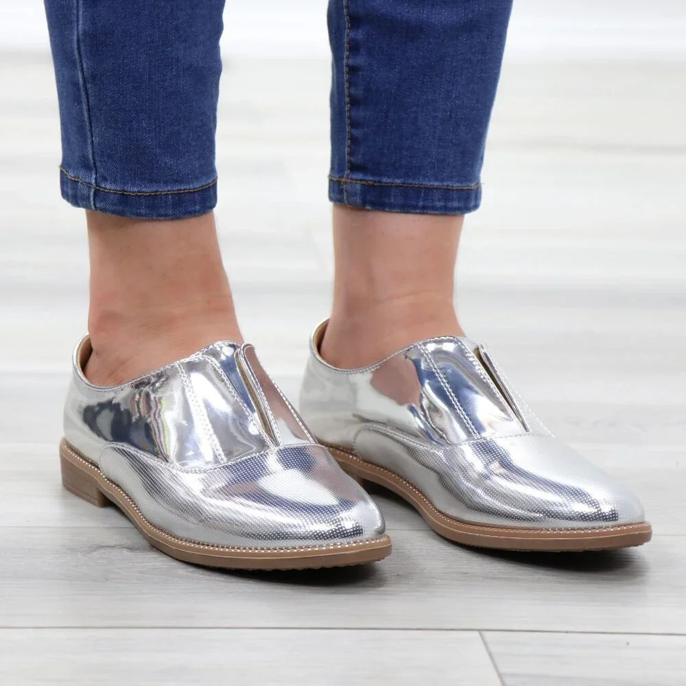 Silver Patent Flat Slip On Oxford Loafers - Picture 3 of 15